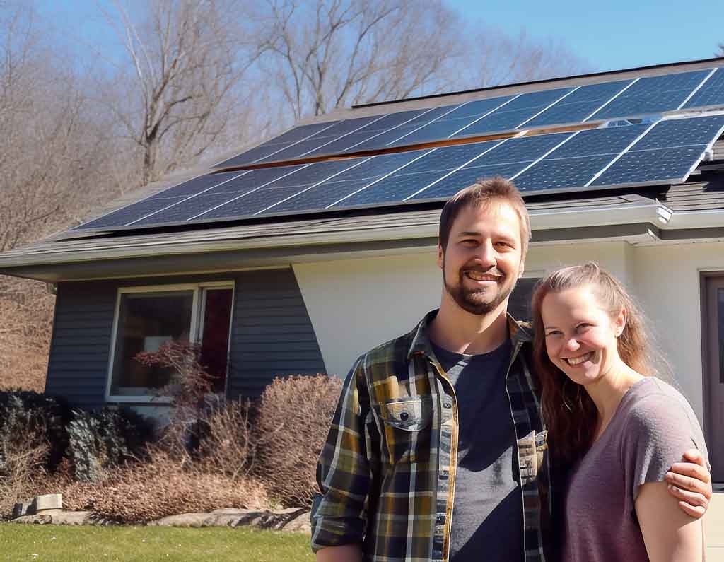 happy couple in front of home with solar panels