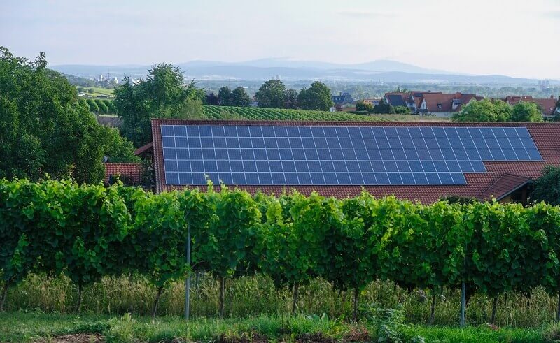Maryland rural landscape with solar panels in german vineyards