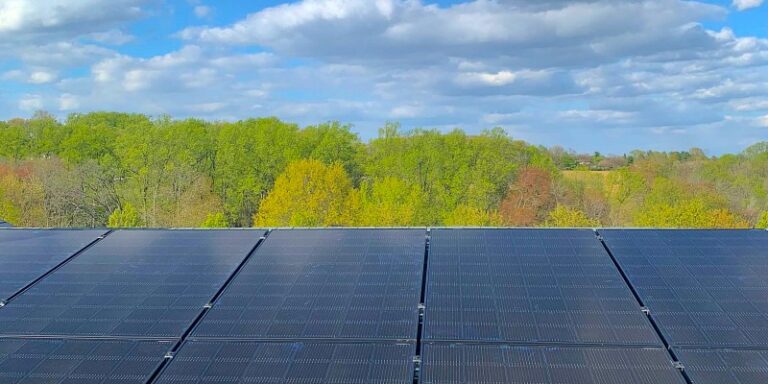 Northern Virginia solar panel installation on roof with sky and trees in background