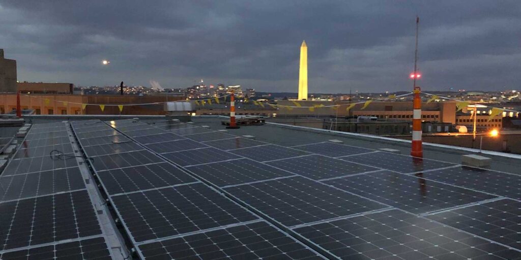 View of solar panels at night near Washington D.C.