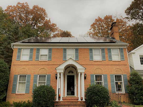 View of solar panels on Chantilly, VA home at dusk